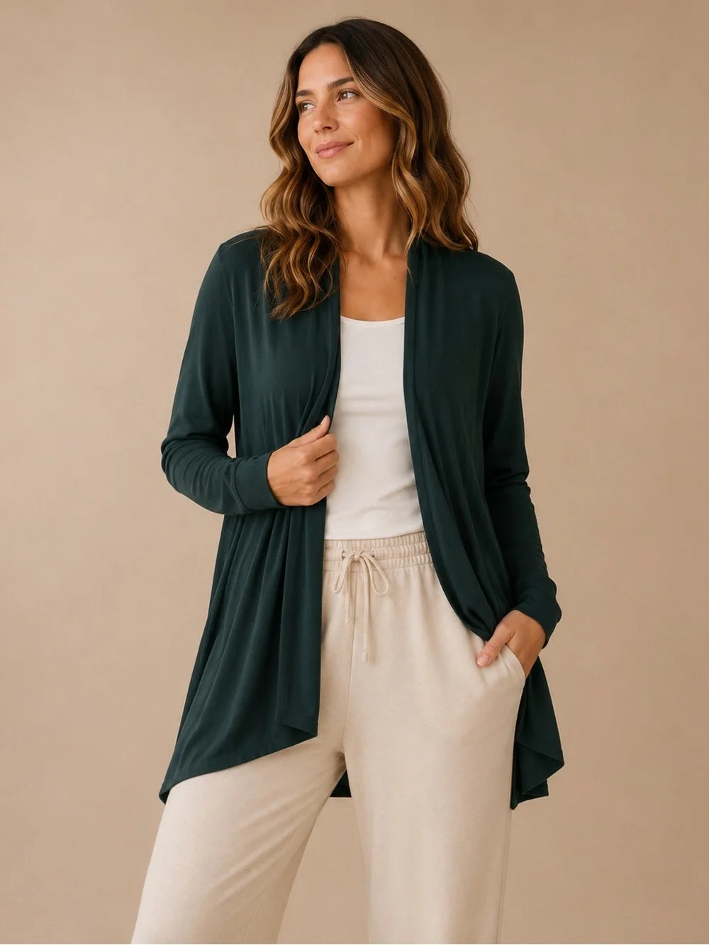 Athleta Dark Green Open Front Cardigan Women's Large Lightweight Layer